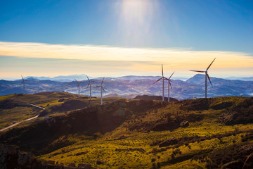 View of windmills in the Sicilian countryside