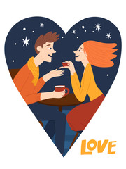 Heart shape Valentines day poster or card with couple in love in cafe