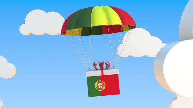 Box with national flag of Portugal falls with a parachute. Loopable conceptual 3D animation