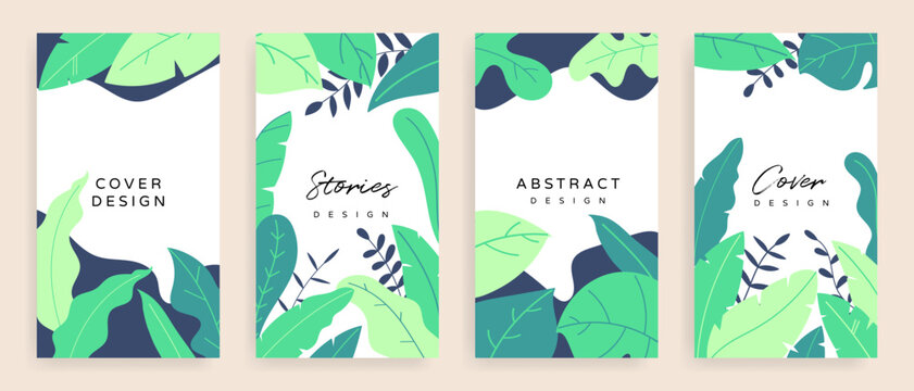 Social media stories and post background vector set. Background template with copy space for text and images design byTropical leaf shapes,  line arts and natural style brush.