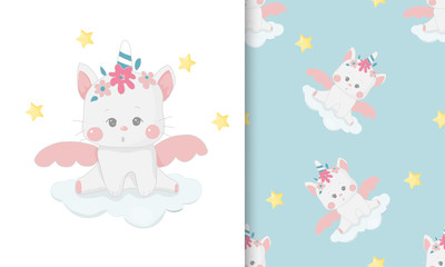 Cute hand drawn unicorn cat on the cloud with seamless pattern set.