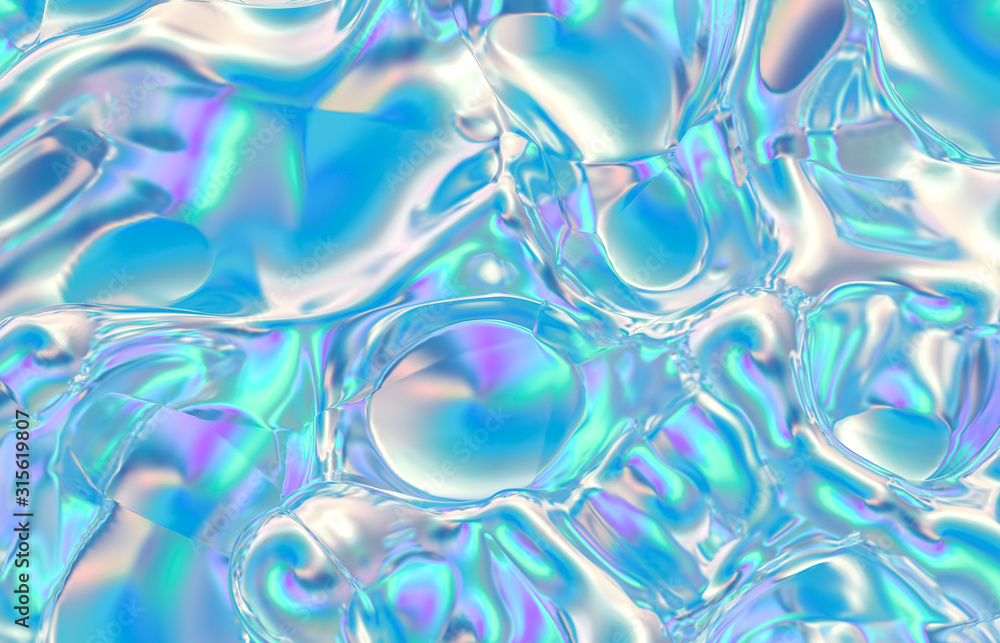 Poster abstract geometric crystal background, iridescent texture, faceted gem, liquid. 3d render.