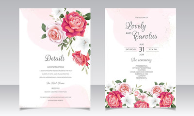 Fototapeta na wymiar Beautiful wedding invitation card template set with floral frame and leaves