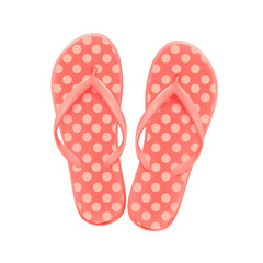 Pink summer beach flip-flops with polka dots, on a white background, shoes for the pool and beach, vector.