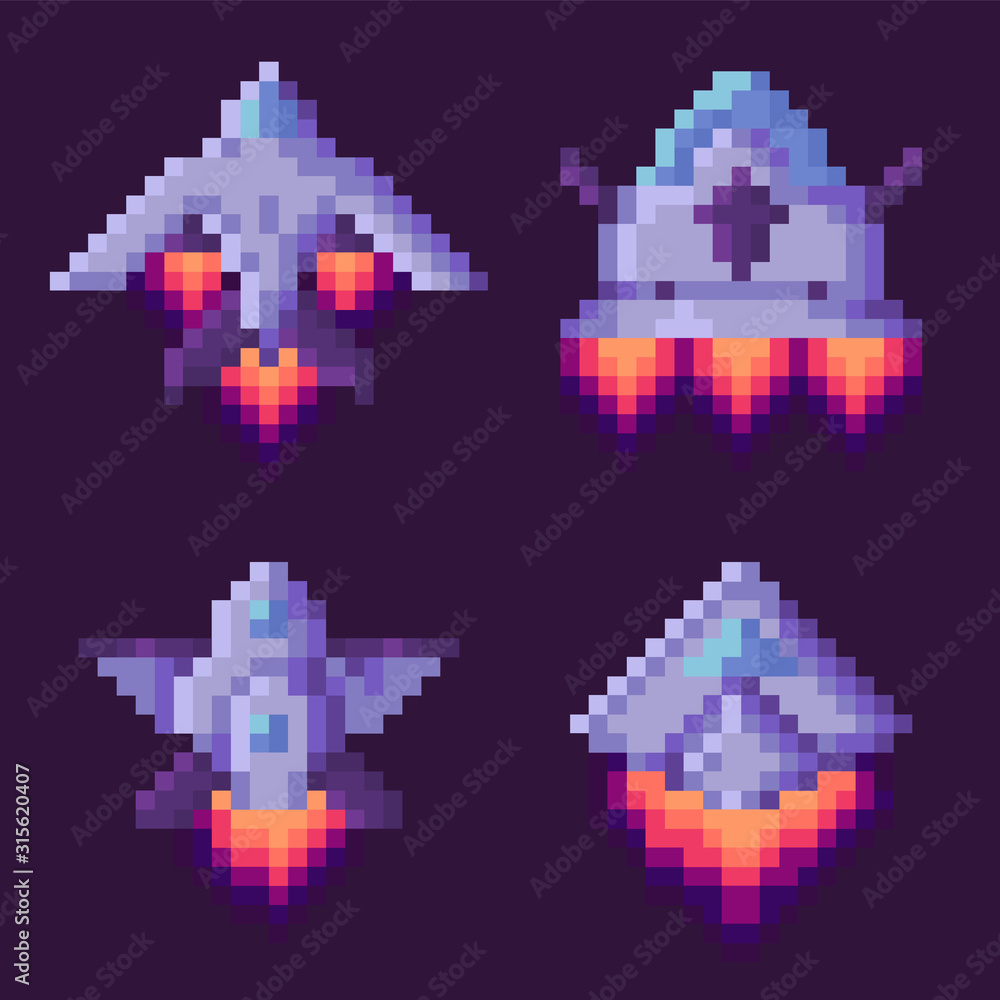 Poster pixel game vector, isolated set of spaceship run of fuel, outer space exploration, video gaming retr