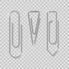 Clip set. Realistic paperclip attach. Office metal binder with shadow. Vector attach on transparent background
