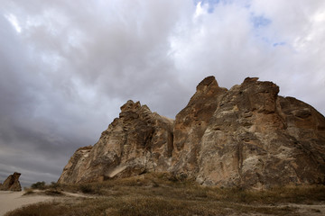Unusually shaped volcanic rocks near the village of Goreme in the Cappadocia region of Turkey.