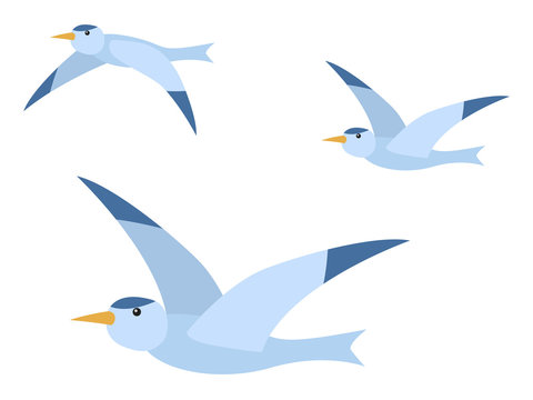 Arctic seagull characters set isolated on white. Polar element of fauna with wild flying bird in flat design style. Flock of birds, group of freedom animal with beak and wings in blue color vector