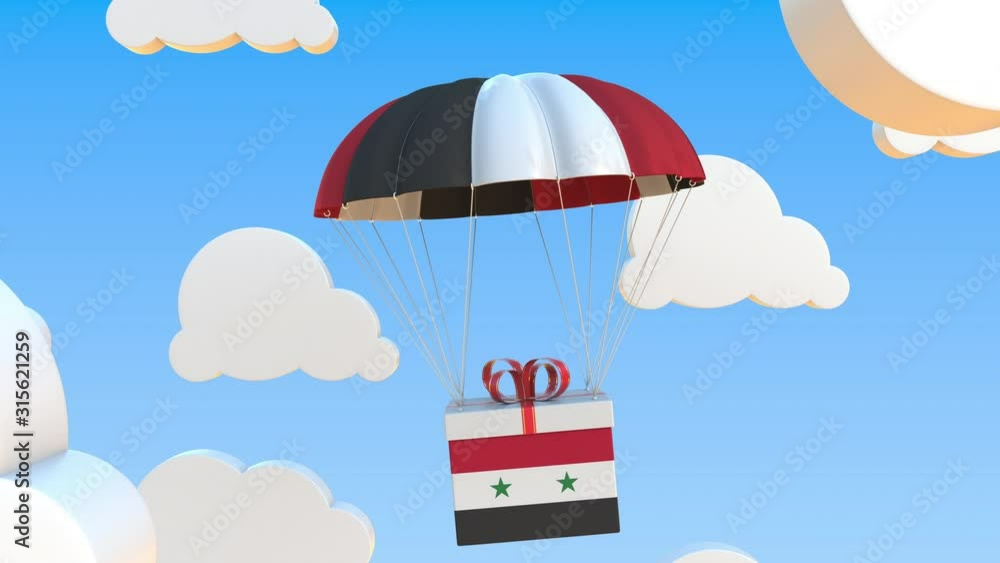 Poster carton with flag of syria falls with a parachute. loopable conceptual 3d animation