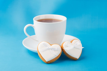 Heart-shaped cookies and a cup of tea for Valentine's Day