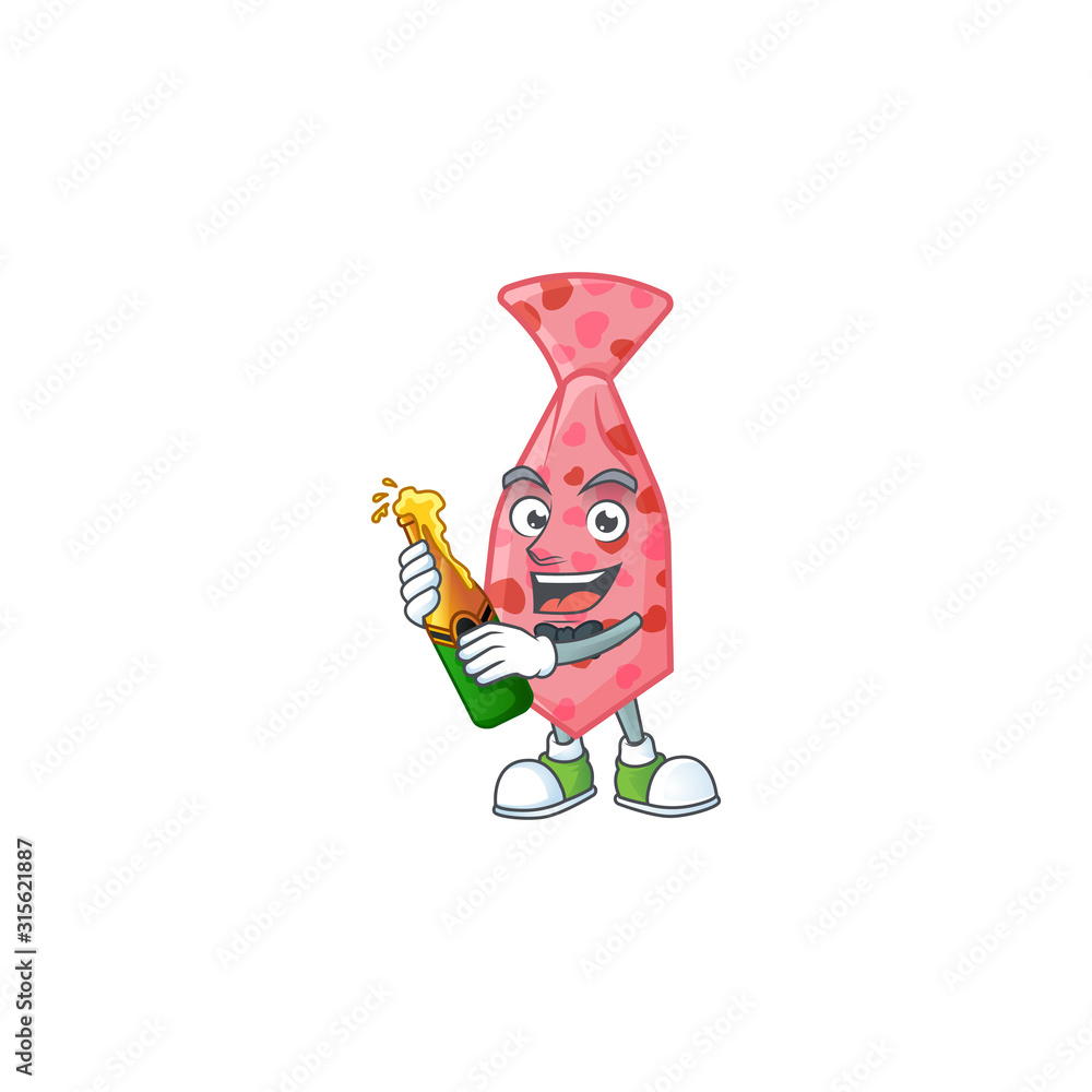 Poster mascot cartoon design of pink love tie with bottle of beer