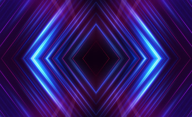 Dark abstract futuristic background. Neon lines glow. Neon lines, shapes. Multi-colored glow, blurry lights, bokeh. Empty stage background