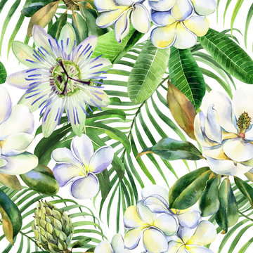 Watercolor seamless pattern with branch of plumeria, magnolia, passiflora, palm, green leaves, frangipani, passion flower, jungle painting, stock illustration. Fabric wallpaper print texture.