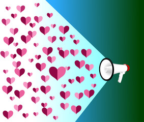 Vector image of a handheld loudspeaker with hearts, unusual valentine