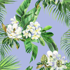 Watercolor seamless pattern with branch of plumeria, magnolia, passiflora, green palm leaves, banana palm, frangipani, passion flower, jungle painting, stock illustration. Fabric wallpaper print.