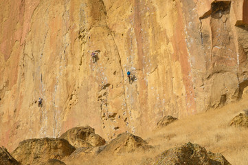 Rock climbers climb a large rock, filmed from the back.