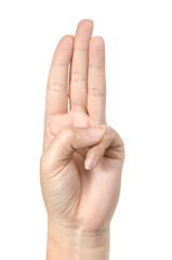 hand in three finger sign on white background