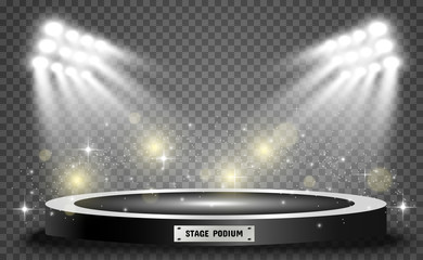 Round podium, pedestal or platform, illuminated by spotlights in the background. Vector illustration. Bright light. Light from above. Advertising place 