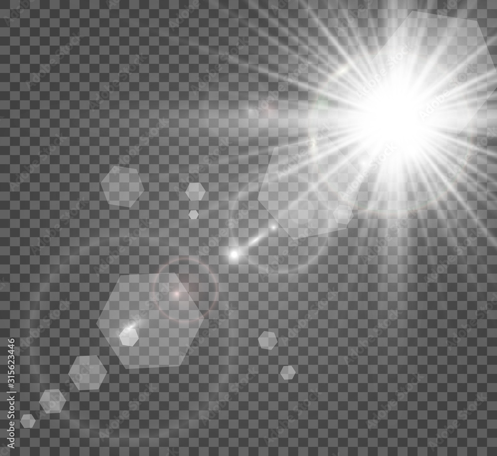 Poster special lens flash, light effect. the flash flashes rays and searchlight. illust.white glowing light