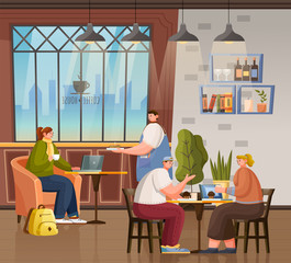 Cafe interior, coffeehouse with customers drinking coffee and enjoying talk. Woman freelancer of student working on laptop in restaurant. People dining or having breakfast. Vector in flat style