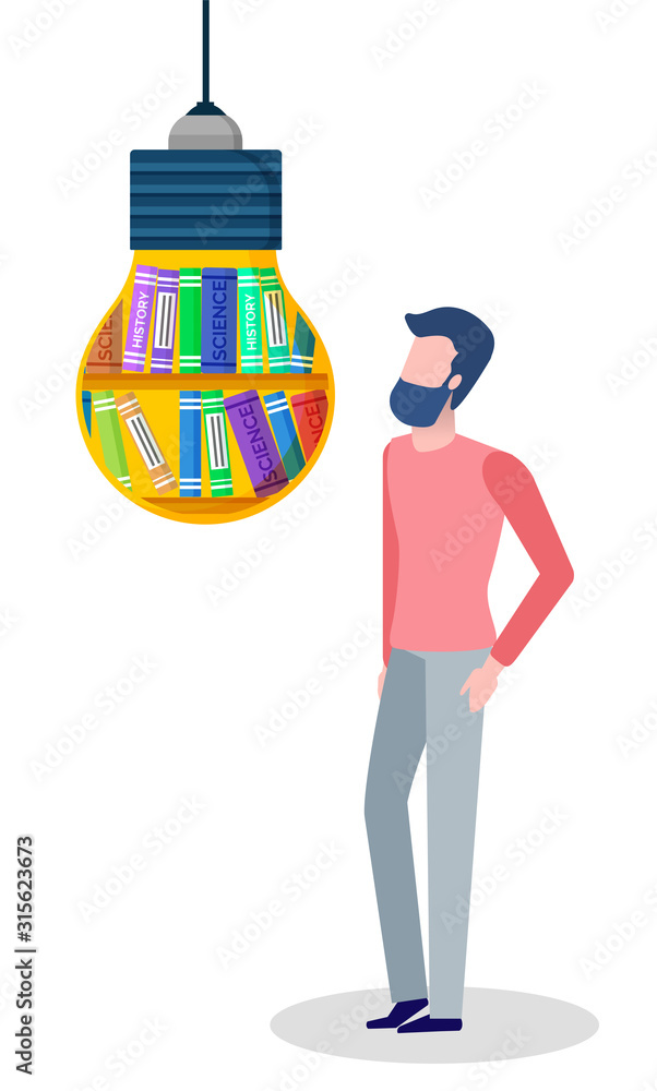 Aufkleber man standing near light bulb sign with science and history books. male creating idea with library ic
