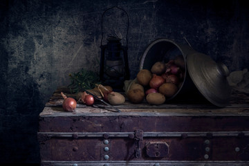 Vegetables on an old box close-up