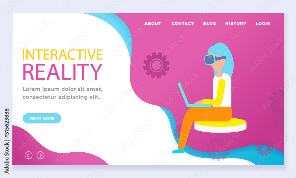 Poster interactive or augmented reality, modern entertainment. woman sit and play virtual games using vr gl