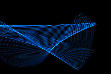 3D illustration or 3D rendering. Curved lines formed by blue dots. Futuristic abstract pattern on black background.