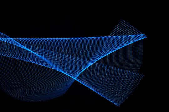 3D illustration or 3D rendering. Curved lines formed by blue dots. Futuristic abstract pattern on black background. - Powered by Adobe