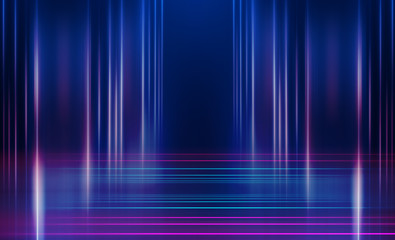 Empty dark abstract background. Background of empty show scene. Glow of neon lights and neon...