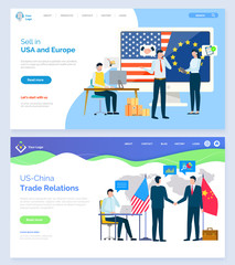 International partnership with China vector, eu and usa relations in business. Businessman in meeting representatives of companies on conference. Website or webpage template, landing page flat style