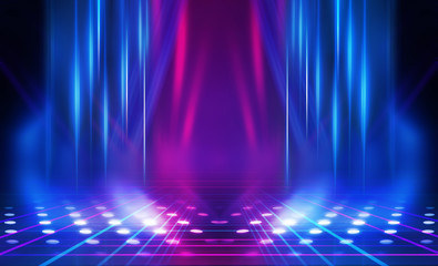 Empty dark abstract background. Background of empty show scene. Glow of neon lights and neon figures on an empty concert stage. Reflection of light on the pavement.