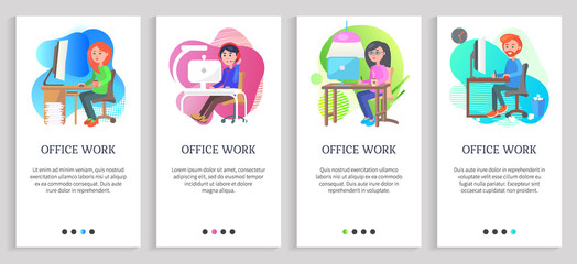 Obraz premium Office work vector, project lady sitting by computer, company employee in working process with cup of hot beverage doing paperwork secretary. Website or slider app, landing page flat style