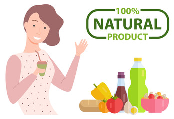 100 one hundred percent natural and organic. Pretty brunette woman with beverage smiling. Vegetables like pepper and tomato. Eggs and bread, organic salad. Vector illustration flat style