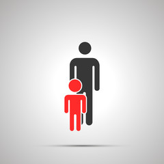 Man with boy silhouette, simple black icon with shadow on gray