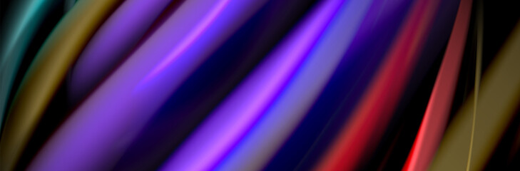 Silk and smooth flow wave poster design. Color waves, liquid style lines and shapes in black color background