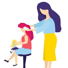 A tender mother combs her young daughter's hair with a comb