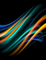 Silk smooth lines on black, liquid fluid color waves. Vector Illustration