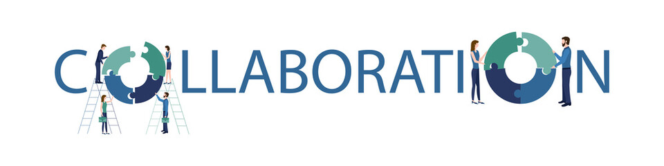 Collaboration concept, teamwork and partnership metaphor. People work together to form a word from puzzles. Symbol of team, business, cooperation, partners, work. Vector illustration in flat style.