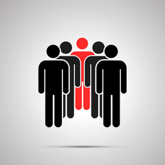 Peoples silhouette with red leader, simple black icon with shadow on gray