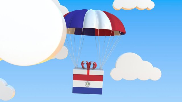 Box with national flag of Paraguay falls with a parachute. Loopable conceptual 3D animation