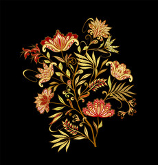 Bouquet of fantastic flowers. Background in ethnic traditional style.