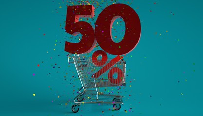 50 percent red logo with colorful confetti rain in shopping cart Discount Concept  3d Illustration