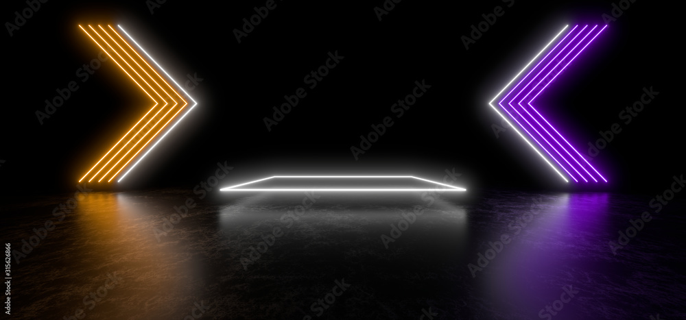 Poster beautiful composition of colored neon lights on a black background. 3d rendering image.