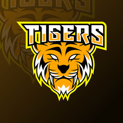 orange angry tiger mascot sport esport logo template long fangs