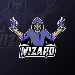 Angry Wizard sport esport logo template black uniform in blue glow