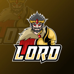 king lord sport esport logo design template with armor, crown, beard and thick mustache