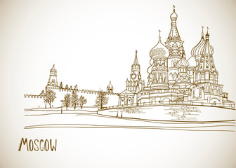 Nice view of the center of old Moscow. Sepia Urban  landscape with the old church. Hand drawn line art. Vector illustration on white background