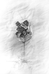 Drawing of wine corks in a glass on a white background. Glass of wine background for menu, posters. Illustration