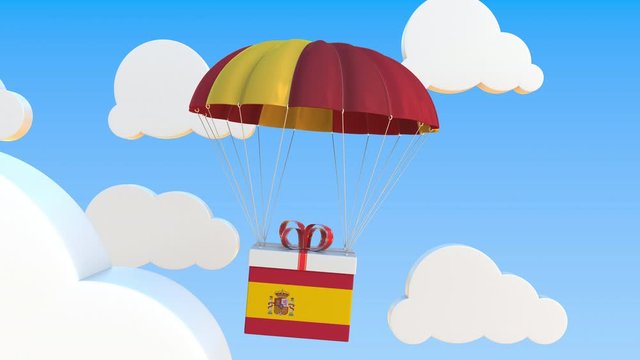 Carton with flag of Spain falls with a parachute. Loopable conceptual 3D animation